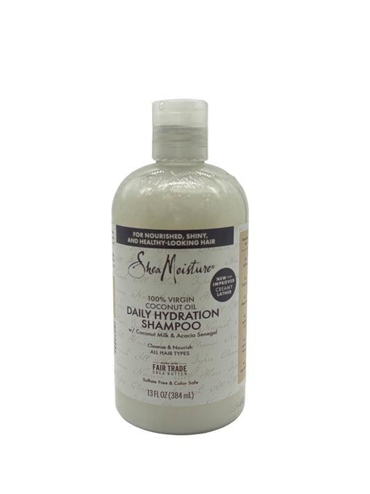 A bottle of Shea Moisture 100% Virgin Coconut Oil Daily Hydration Shampoo, 13oz, with labels and branding visible.