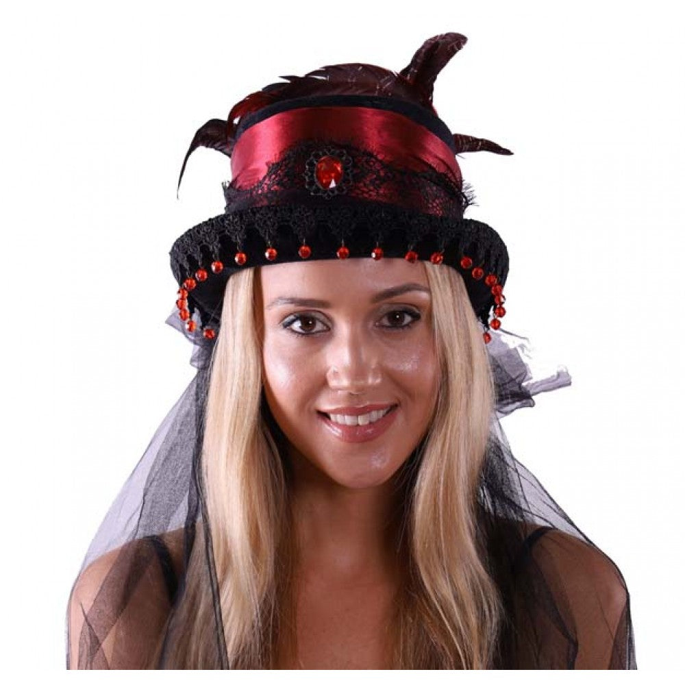 STEAMPUNK RED HAT WITH FEATHER