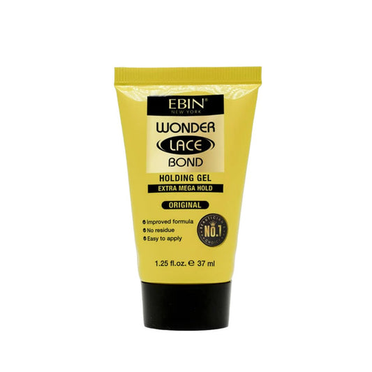 Yellow tube of Ebin Wonder Lace Bond holding gel on a white background