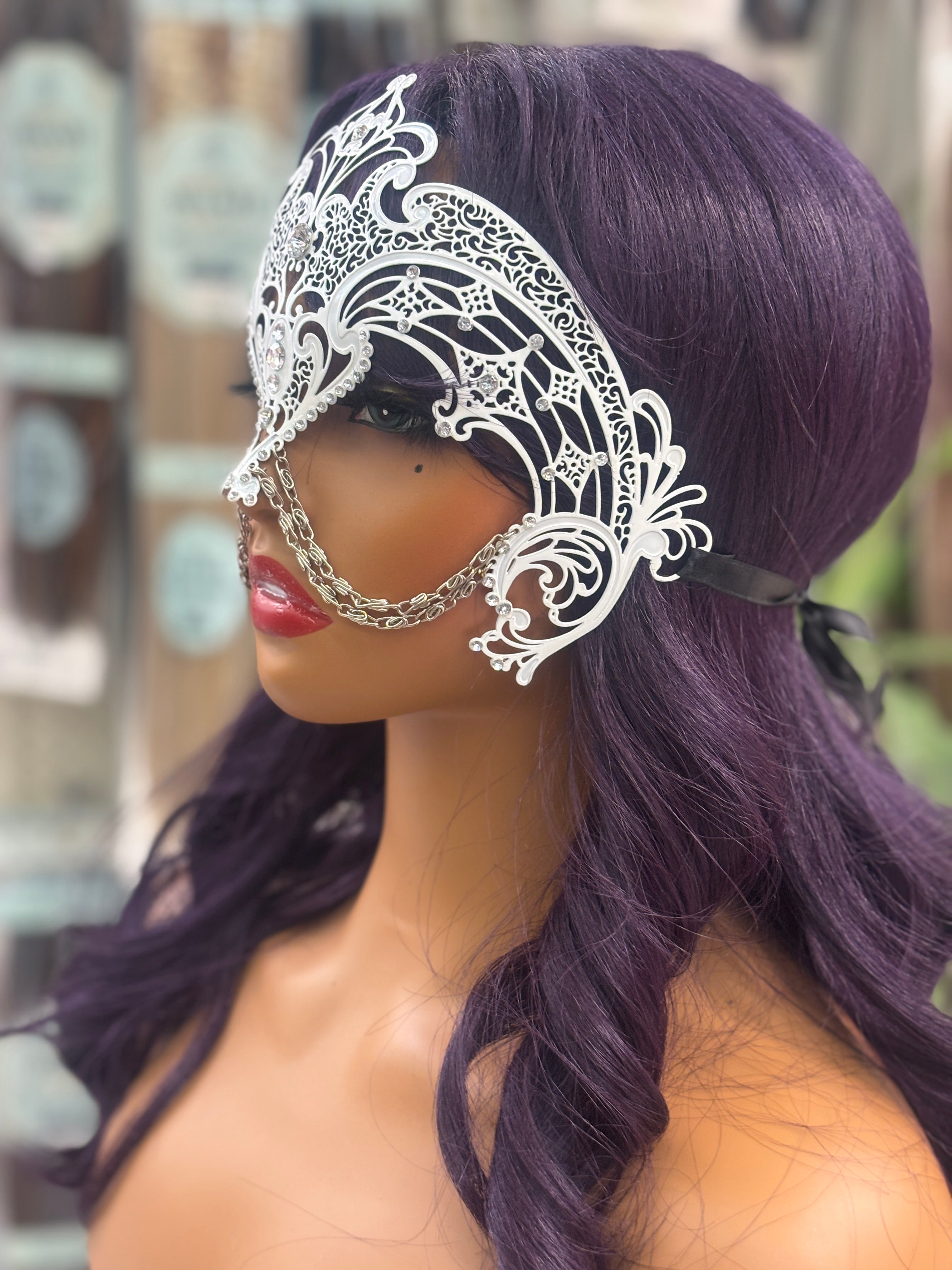 White Costume mask with gem stones / chain