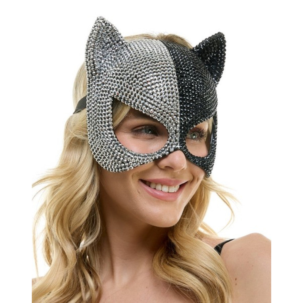 Black & Silver Rhinestone Cat Mask