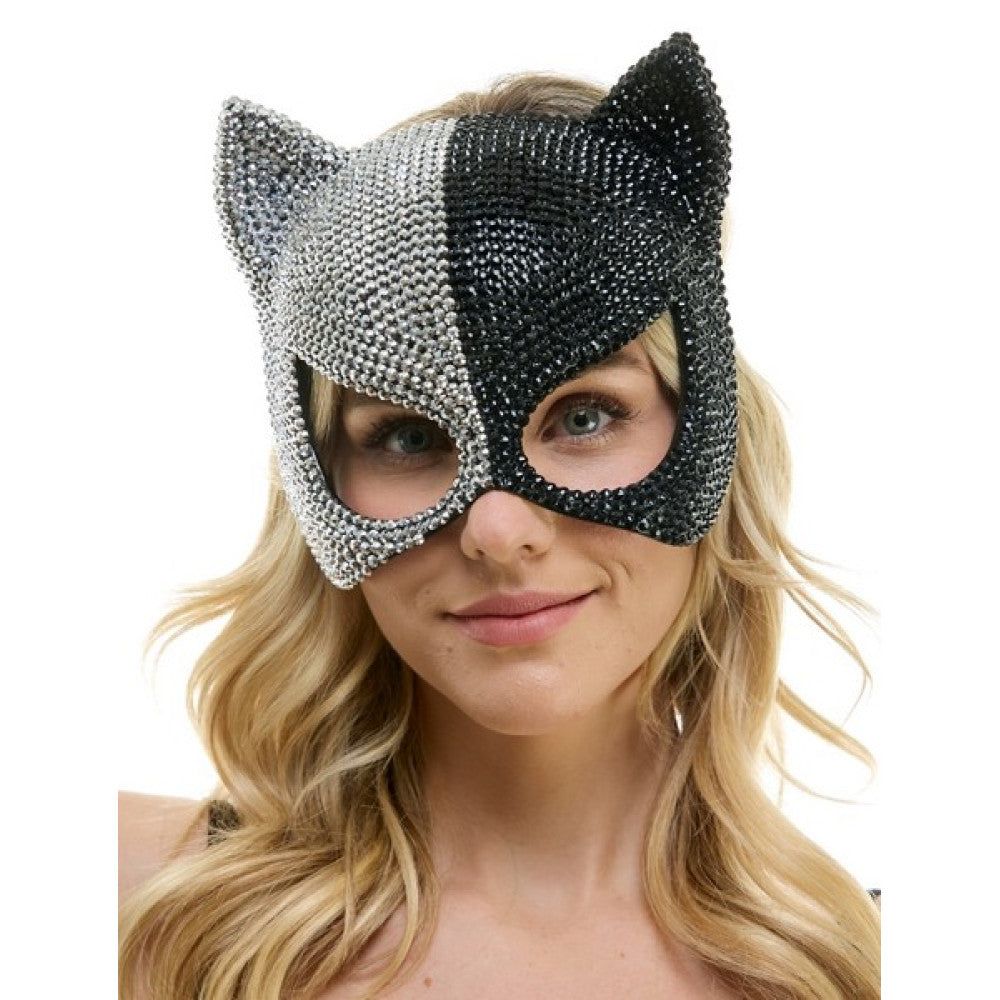 Black & Silver Rhinestone Cat Mask