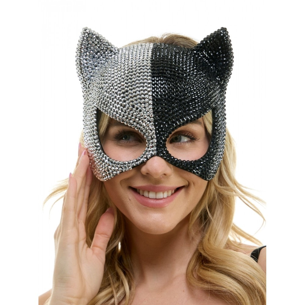 Black & Silver Rhinestone Cat Mask