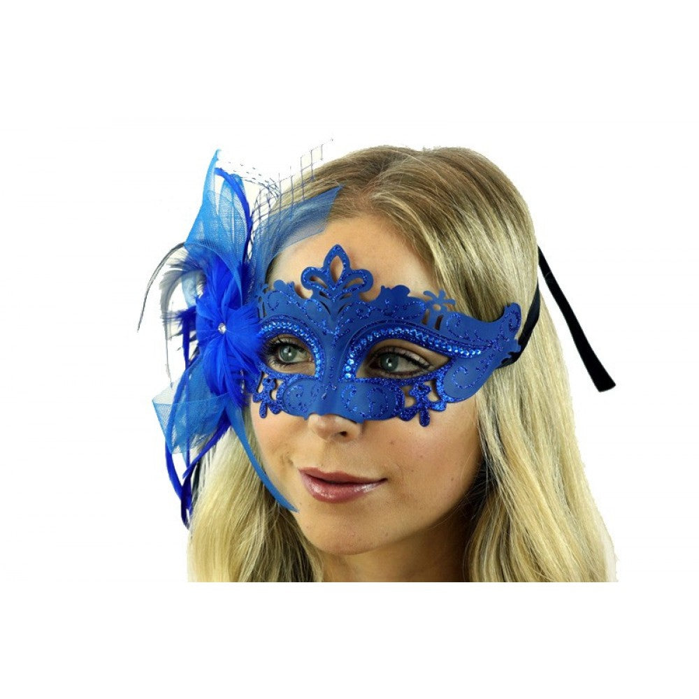 Blue Feather Flower Masquerade Mask