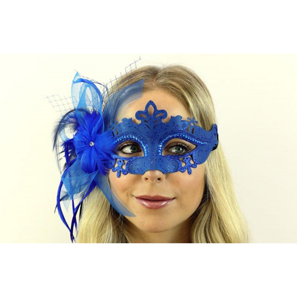 Blue Feather Flower Masquerade Mask