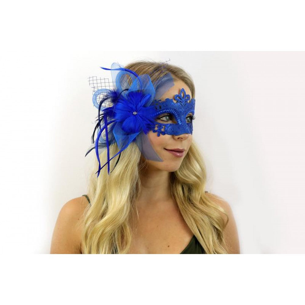 Blue Feather Flower Masquerade Mask