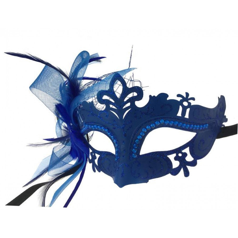 Blue Feather Flower Masquerade Mask