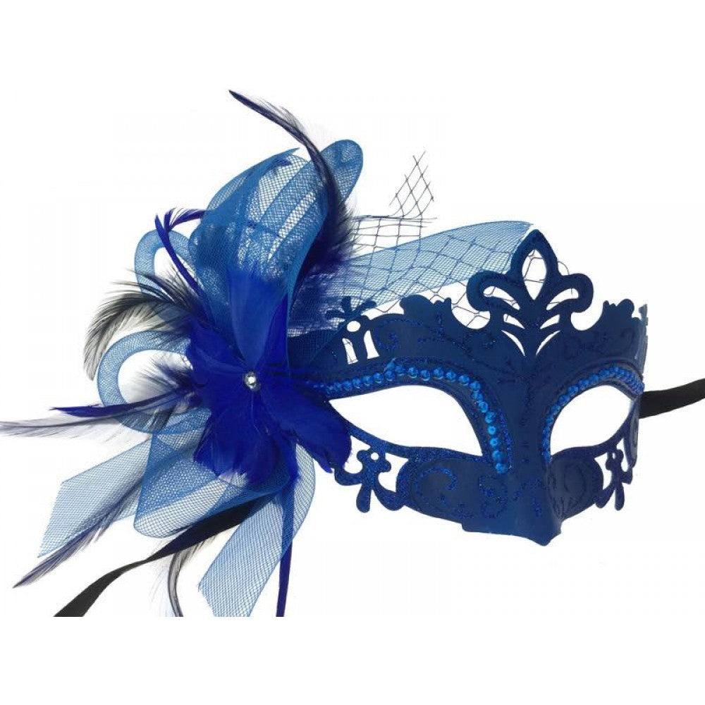 Blue Feather Flower Masquerade Mask
