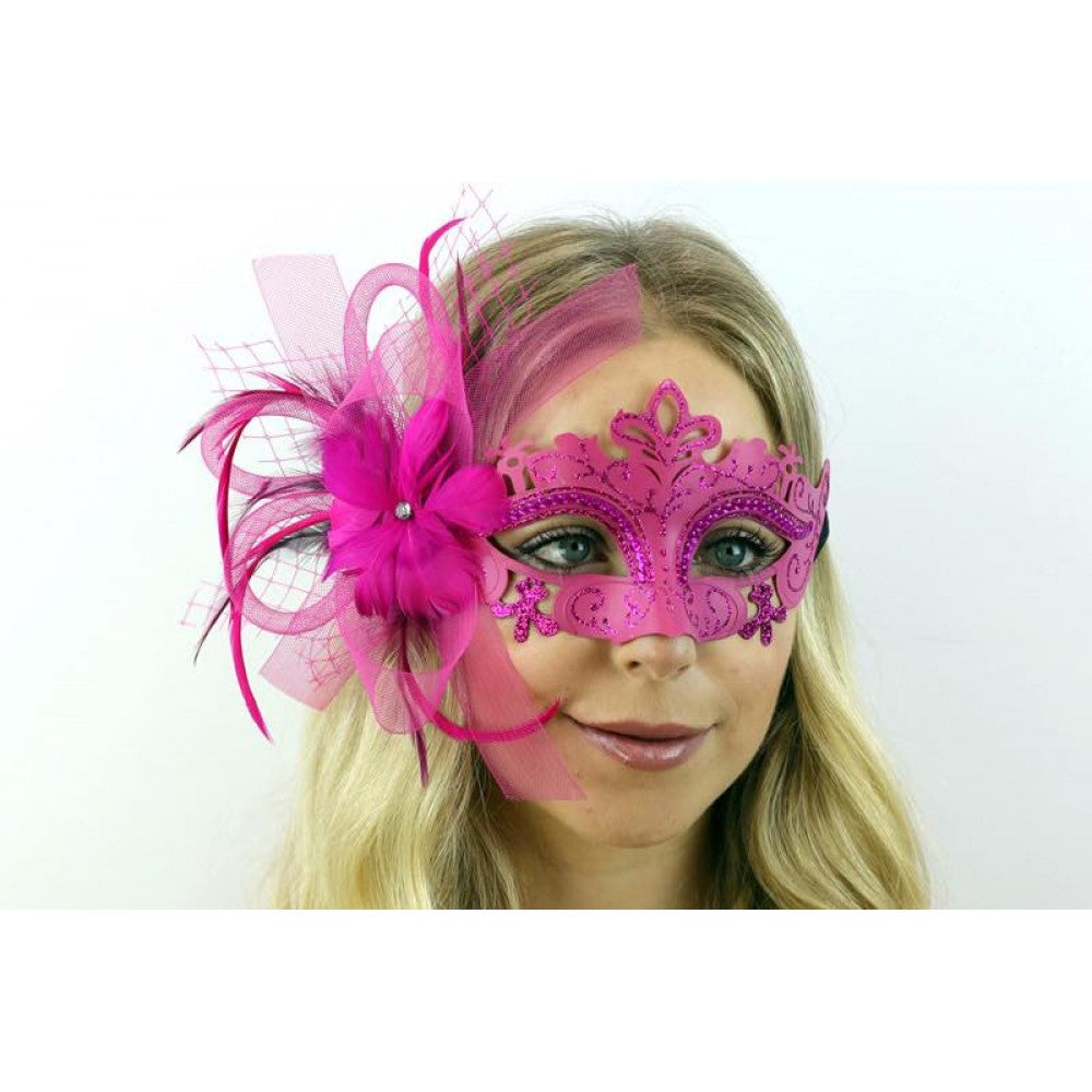 Hot Pink Feather Flower Masquerade Mask