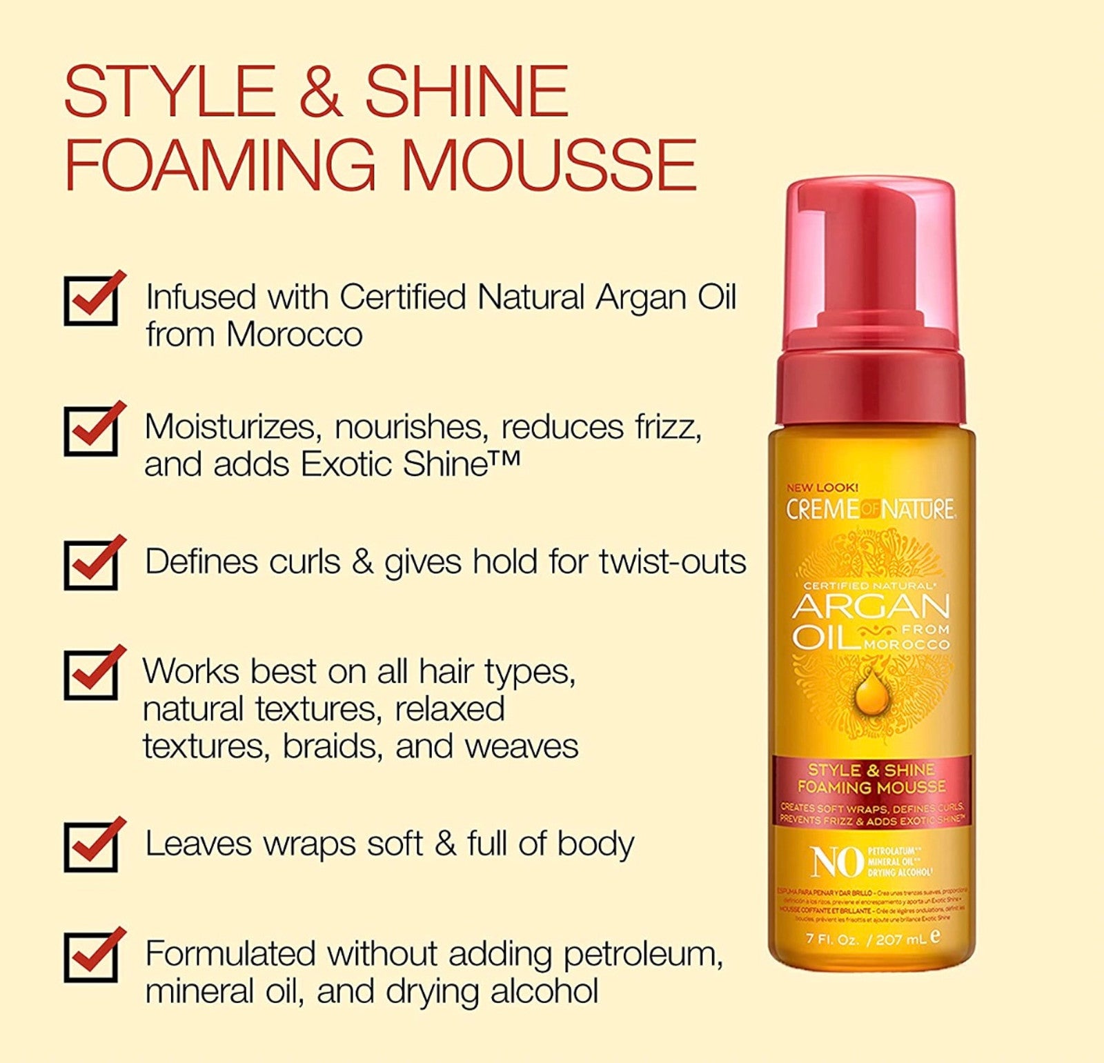 Creme Of Nature Certified Natural Argan Oil From Morocco, Style & Shine Foaming Mousse, 7 fl oz (207 ml)