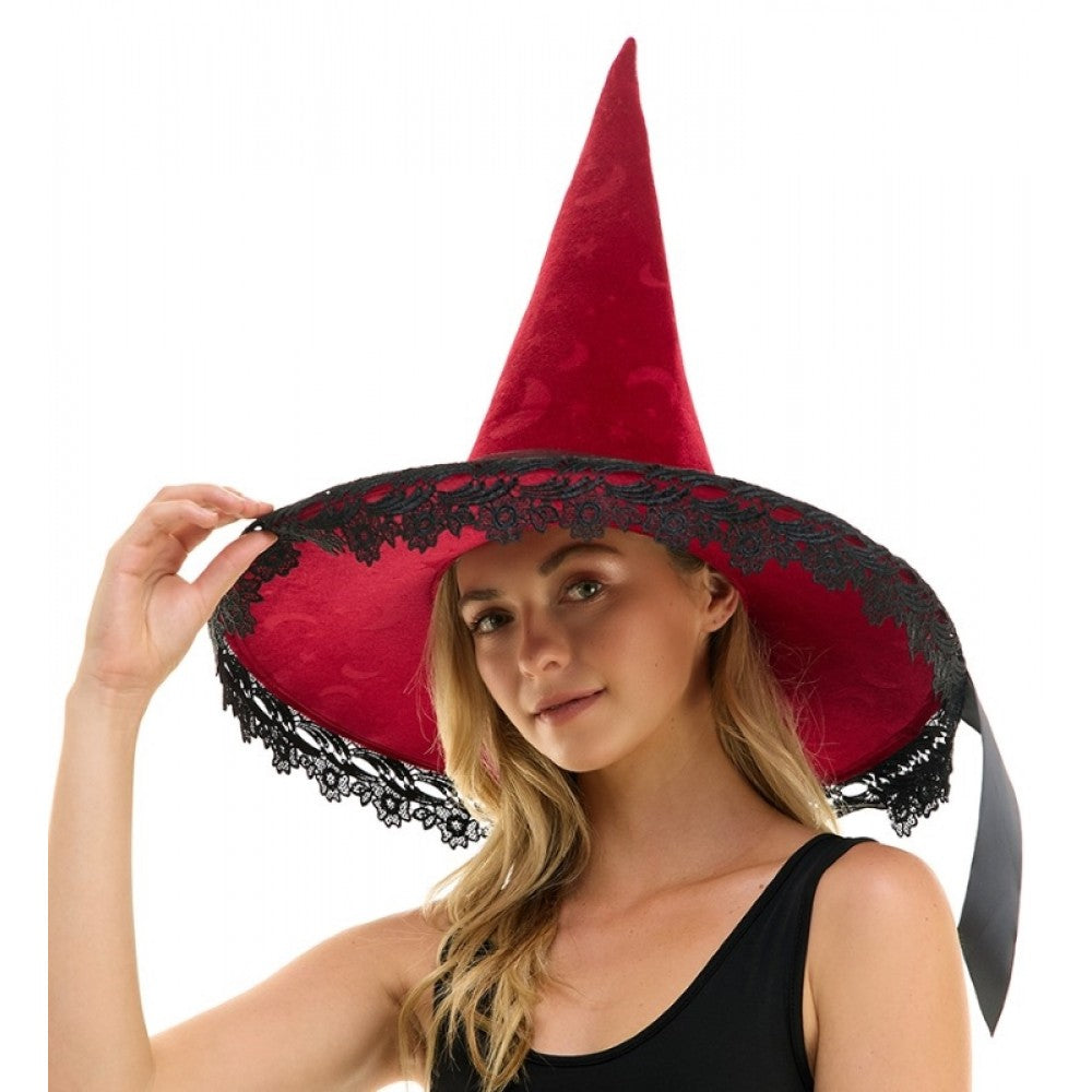 BLACK LACE BURGUNDY WITCH HAT