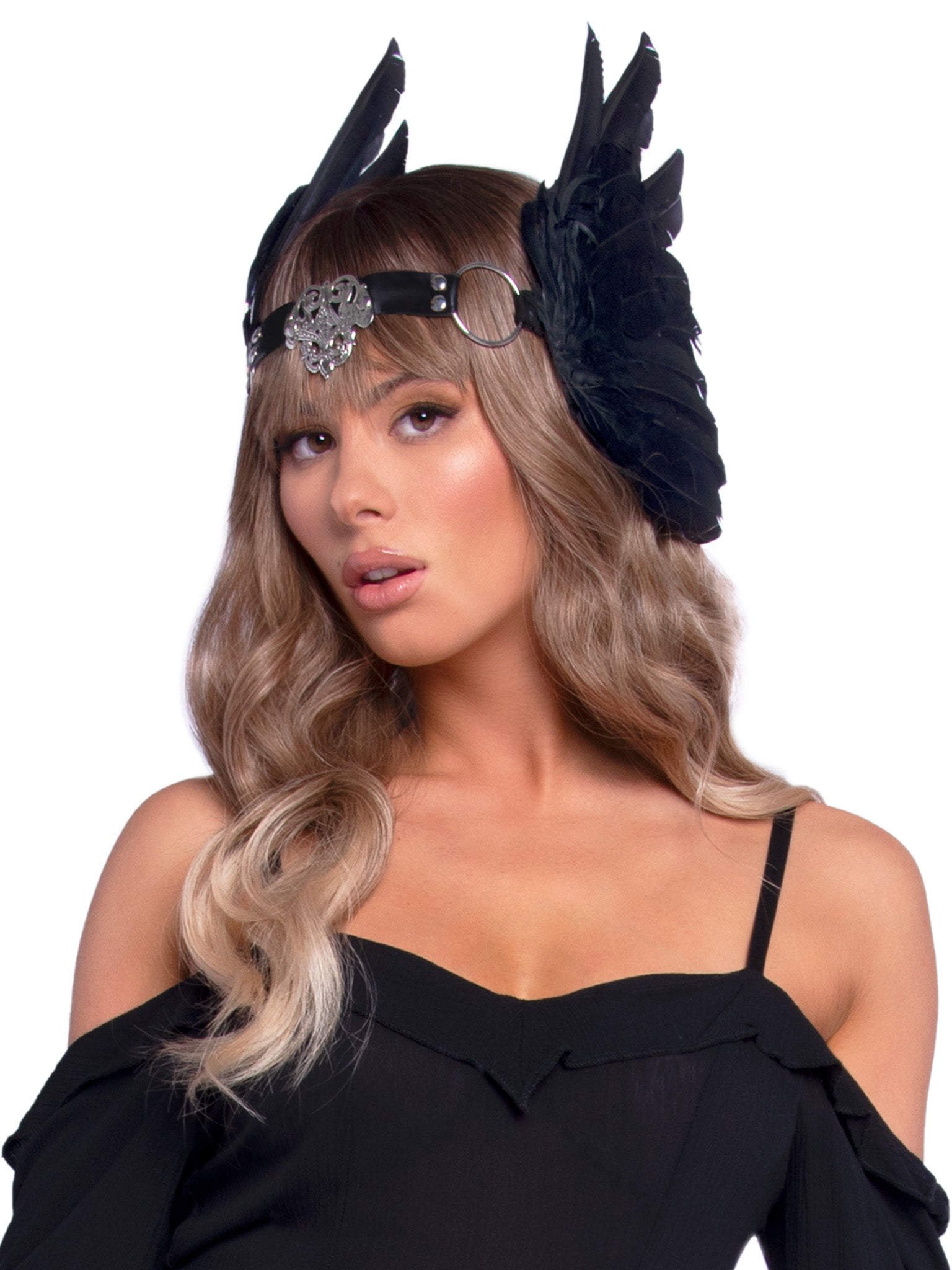 LEG AVENUE FEATHER HEADBAND O-RING WITH METAL FILIGREE MEDALLION ACCENT